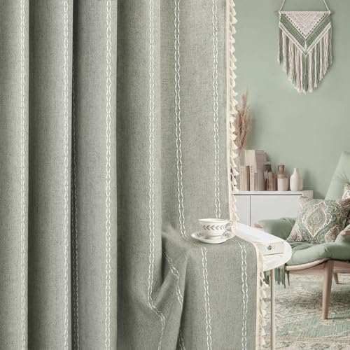 Sage Green Boho Blackout Curtains 84 Inch 2 Panels with Tassels (Sage Green / 52"W x 84"L (Pack of 2))