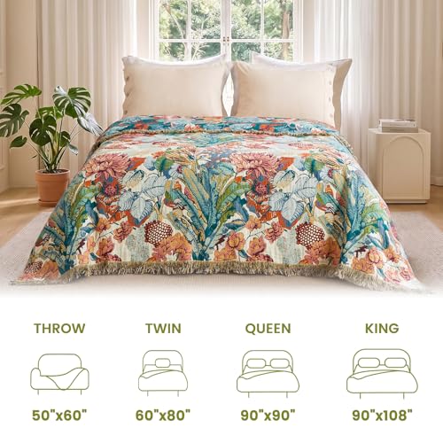 Boho Throw Blanket 50"x60" 100% Cotton Floral Muslin Sofa Blanket (Leaves Flowers 1 / 50"x60")