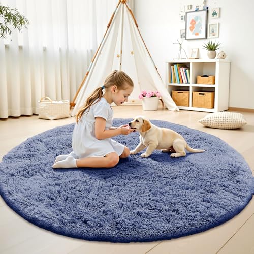 Denim Blue Round Rugs for Bedroom (9 Ft Round / Denim Blue)