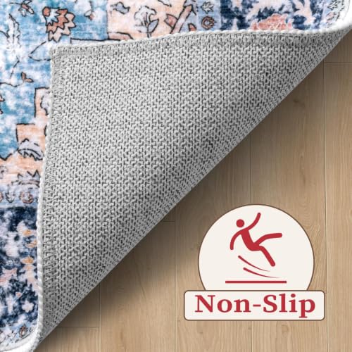 4ft Washable Non Slip Round Boho Area Rug for Bedroom (Blue/Orange / 4' (Round))