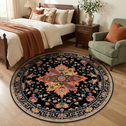Washable Area Rug (Black/Colorful / 5' (Round))