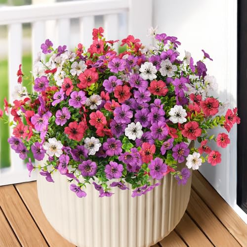 Artificial Flowers for Outdoor Faux Plants Fake Flowers Spring Decor (Purple White Rose Red / 12 PCS)