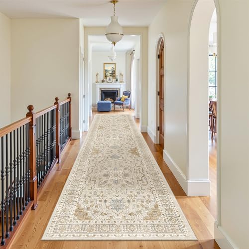 Hallway Runner Rug 3x12 Washable Kitchen Runners 12ft (Beige/Blue / 3' x 12' (Runner))