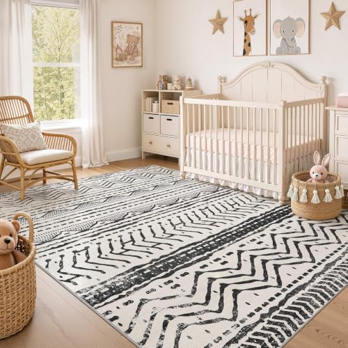 Boho 5x7 Area Rug Living Room Rugs Machine Washable Black (Ivory Black / 5' X 7' (Rectangular))