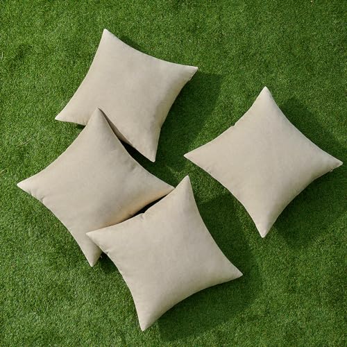 Pack of 4 Decorative Outdoor Throw Pillow Covers Linen Waterproof Pillow Covers Summer Farmhouse Cushion Cases for Patio Garden Tent Balcony Couch Sofa 16x16 Inch Beige (16" x 16" (Pack of 4) / Beige)