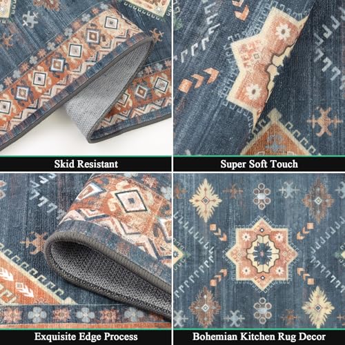 HEBE Boho Kitchen Rugs Set of 3 (Blue/Coffee / 20"x32"+20"x48"+20"x59")