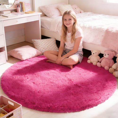 Fluffy Round Area Rugs for Bedroom (Hot Pink / 5' (Round))