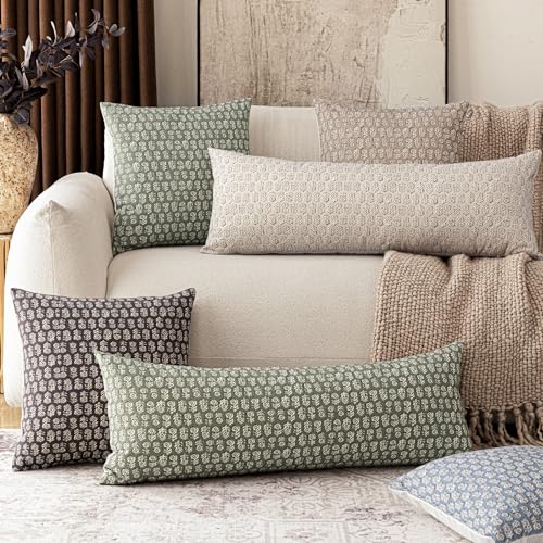 Long Floral Print Lumbar Throw Pillow Covers 14×36 Sage Green (36" x 14" (Pack of 2) / Mosstone)