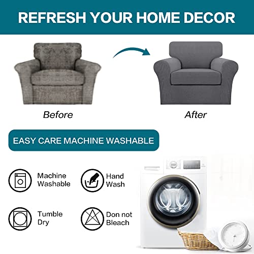 2 Piece Chair Covers Chair Slipcovers for Living Room Armchair Couch Cover Chair Sofa Cover with Individual Cushion Covers Furniture Cover for Chairs Feature Jacquard Fabric (Armchair (1 Cushion) / Charcoal Gray)