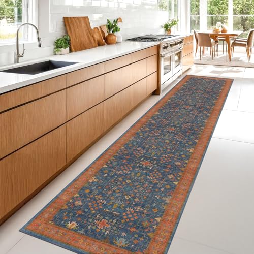 Navy Blue Washable Hallway Runner Rug 2x10 Non Slip Rugs for Kitchen (2' x 10' (Runner) / Blue / Terracotta)