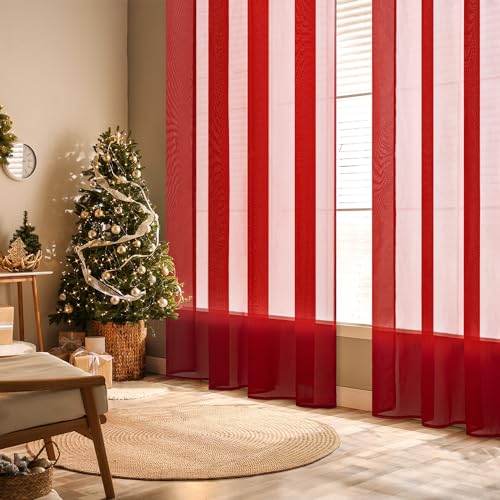 2 Panels Red Sheer Christmas Window Curtains 54 X 96 Inches (Red / 54"W x 96"L (Pack of 2))