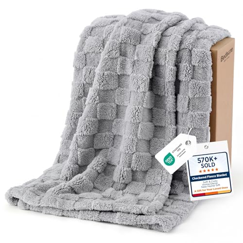 Checkered Fleece Throw Blankets for Bed (Silver Grey / Throw XL (50" X 70"))