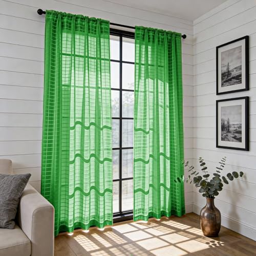 Check Sheer Curtains 108 Inches 2 Panels Set (Check - Green / 52"W x 108"L (Pack of 2))