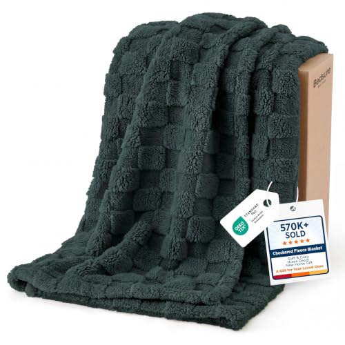 Checkered Fleece Throw Blankets for Bed (Dark Green / Throw XL (50" X 70"))
