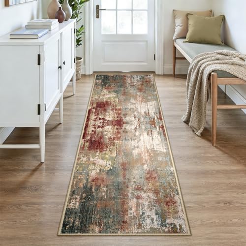 Washable Runner 3'x8' Abstract Area Rug for Hallway Rustic Brown (Rust Red/Green/Blue/Multi / 3' x 8' (Runner))