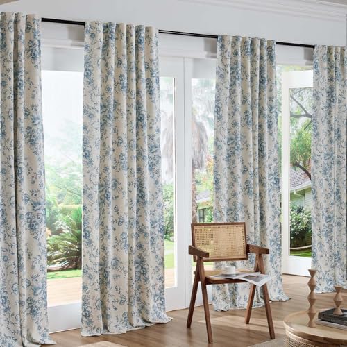 Floral Linen Blackout Curtains for Bedroom 90 Inches Long (Blue / 50"W x 90"L (Pack of 2))