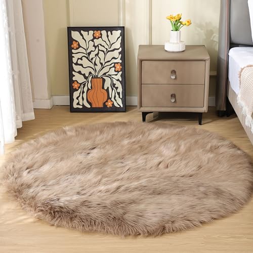 Beige Fuzzy Living Room Washable Area Rug 5ft Round Shag Faux Sheepskin Nursery Rug for Bedroom Teen Room Home Decor Soft Fluffy Circle Carpet (5' (Round) / Beige)