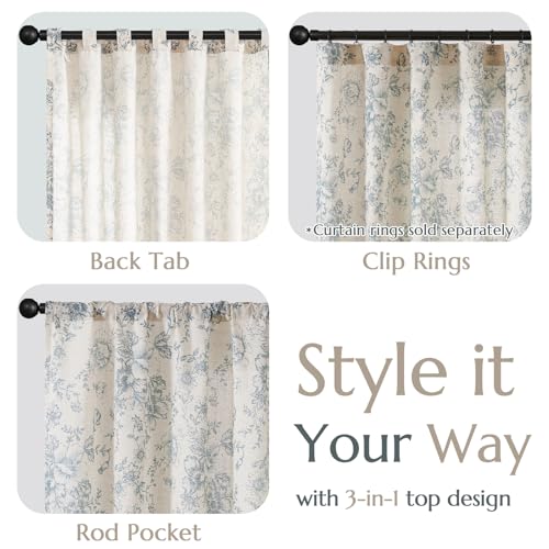 Blue Floral Linen Curtains 108 Long for Living Room 2 Panels (Blue / 50"W x 108"L (Pack of 2))
