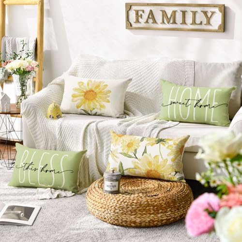 Home Sweet Home Spring Summer Flowers Green Throw Pillow Covers (Green / 20" x 12" (Pack of 4))