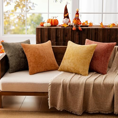 Decorative Chenille Fall Pillow Covers Orange Brown 20x20 Pack of 4 (20" x 20" (Pack of 4) / Orange/Yellow)