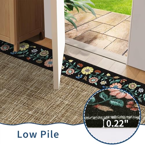 Washable Living Room Rug 9x12 Floral Bordered Area Rugs Soft Thin Indoor Carpet for Bedroom Modern Throw Aesthetic Mat Non Slip Stain Resistant Carpet for Dining Room Office (Black/Brown Flax / 9' x 12' (Rectangular))