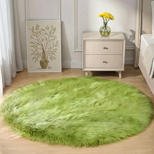 Lime Green Circle Rugs 4ft Fluffy Fuzzy Furry Rug for Bedside Bedroom Playroom Shag Faux Sheepskin Fur Soft (4' (Round) / Olive Green)