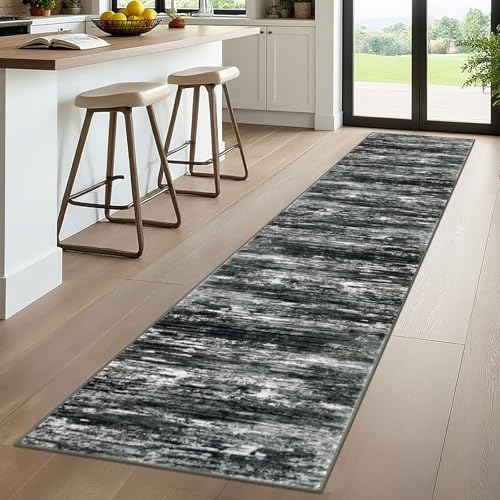 Modern Abstract Hallway Runner (Black White Grey Green / 2' x 10' (Runner))