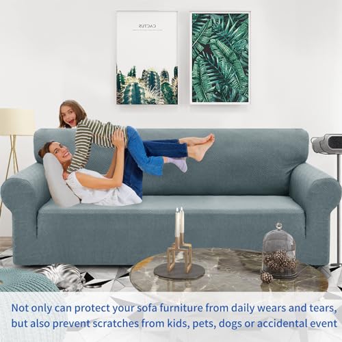1 Piece Jacquard Couch Covers for 3 Cushion Couch Living Room High Stretch Sofa Cover Pets Dogs Friendly Anti Slip Thickened Slipcovers Furniture Protector (Large (71"-90") / New Pattern Light Grey)