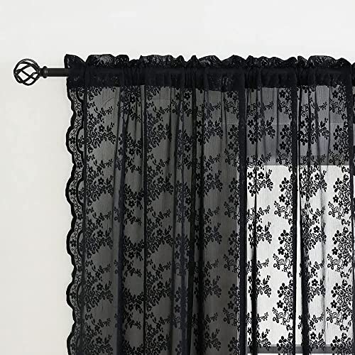 Vintage Lace Curtains 72 inch Length Goth Black Floral Sheer Sidelight Curtains for Front Door Coffin (Black / 52"W x 72"L (Pack of 2))