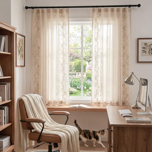 Floral Linen Curtains 63 Inch Farmhouse Back Tab 2 Panels (Vine | Beige / 50"W x 63"L (Pack of 2))