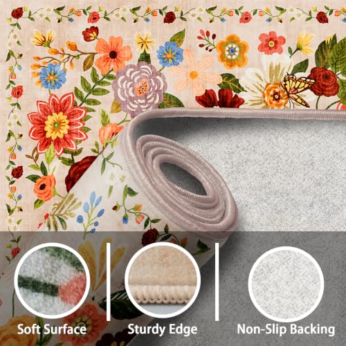 Washable Runner Rug 2x6 Beige Floral (Blush Beige / 2' x 6' (Rectangular))