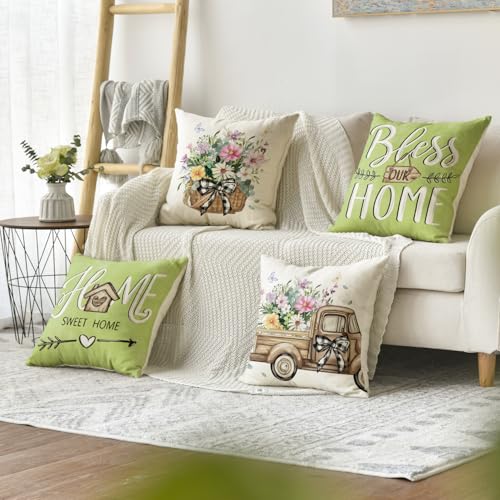 Bless Our Home Eucalyptus Leaves Throw Pillow Covers (Emerald Green / 18" x 18" (Pack of 4))