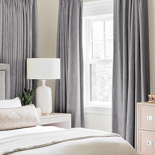 100% Blackout Linen Curtains for Bedroom 52x90 Inches Grey (Grey / 52"W x 90"L (Pack of 2))