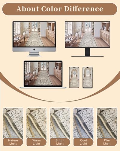 Hallway Runner Rug 3x12 Washable Kitchen Runners 12ft (Ivory/Brown / 3' x 12' (Runner))