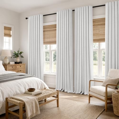 100% Blackout Linen Curtains 42 x 96 Inch Heathered White 2 Panels (Heathered White / 42"W x 96"L (Pack of 2))