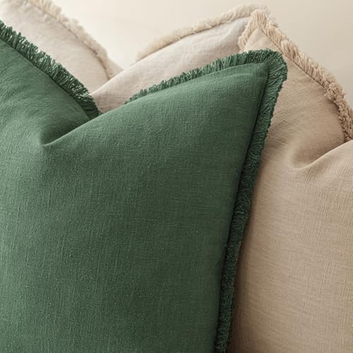 Decorative Linen Fringe Throw Pillow Covers 24×24 Pine Green (24" x 24" (Pack of 2) / Abundant Green)