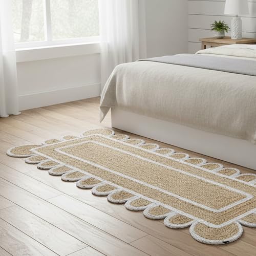 Scalloped Natural Jute Area Rug Handwoven Boho Farmhouse Rug for Living Room (White / 2' x 12' (Runner))