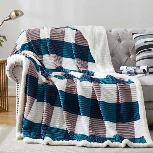 Sherpa Blanket Twin Plaid Thick Bed Blanket (Teal Check / 60"*80")
