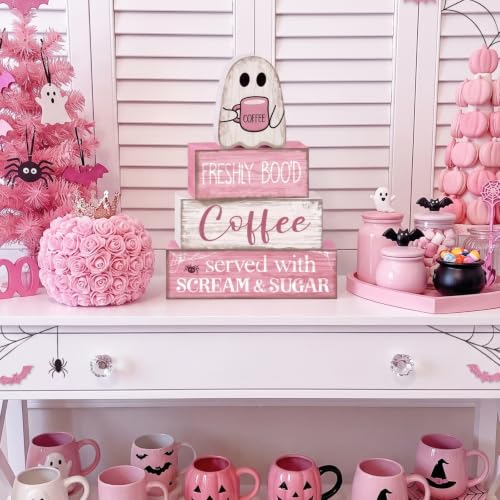 4 Pcs Pink Halloween Table Decorations Coffee Ghost Wooden Blocks (Cute Coffee Ghost)