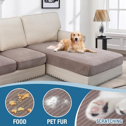 Velvet Stretch Sectional Sofa Covers (Striped Taupe / 2 Seater + Chaise)