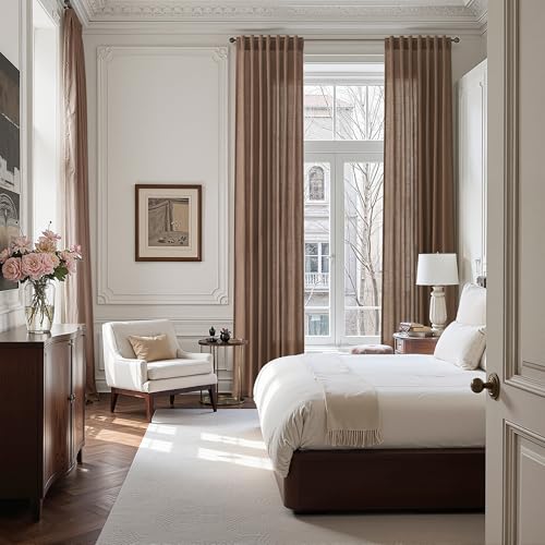Caramel Brown Linen Curtains for Living Room Extra Long 144 Inches Long Back Tab Light Filtering Semi Sheer Curtain Vintage Rustic Decor Floor to Ceiling High Window for Bedroom 52x144 (52"W x 144"L (Pack of 2) / Caramel Brown)