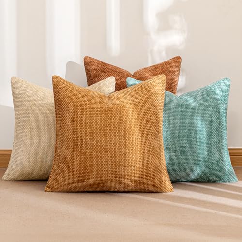 Soft Decorative Chenille Fall Pillow Covers Beige Orange Teal 20x20 (20" x 20" (Pack of 4) / Orange/Teal)