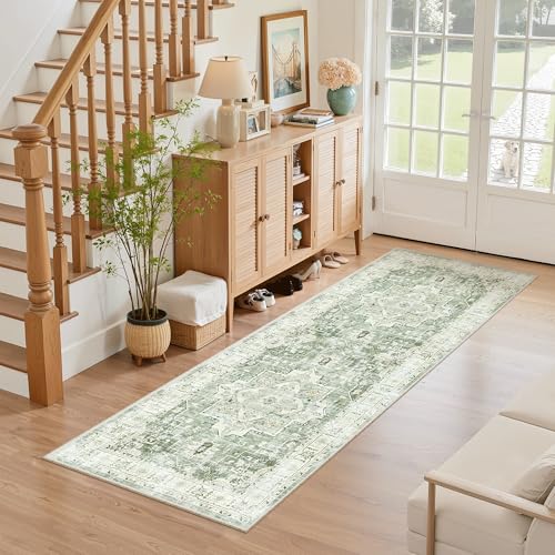 Washable Runner Rug 2x6 Runners for Hallways Non Slip (Green/Ivory / 2' x 6' (Runner))