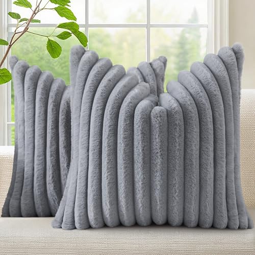 Fall Faux Fur Throw Pillow Covers 26x26 Set of 2 Grey (Grey / 26" x 26" (Pack of 2))