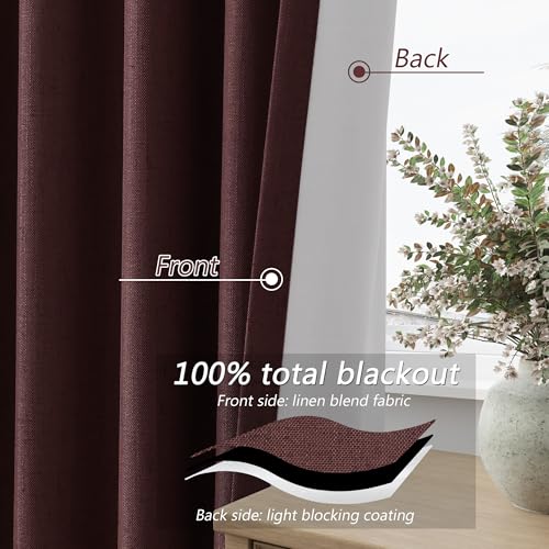 100% Blackout Curtains 84 Inch Length 2 Panels Set for Living Room Bedroom Back Tab Thermal Insulated Black Out Linen Drapes Room Darkening Reddish Brown (Reddish Brown / 52"W x 84"L (Pack of 2))