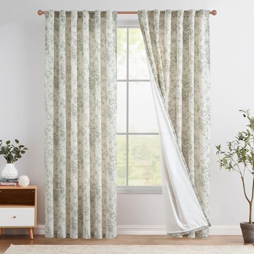 Floral Lined Linen Curtains 84 Long for Living Room 2 Panels (Lined Green / 50"W x 84"L (Pack of 2))