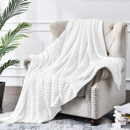 3D Ribbed Jacquard White Fleece Twin Blanket for Couch (Bright White / Twin(60"x80"))