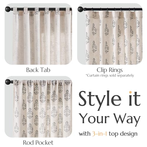 Floral Linen Black Curtains 63 Inch Vintage Back Tab 2 Panels (*Floral Black / 50"W x 63"L (Pack of 2))