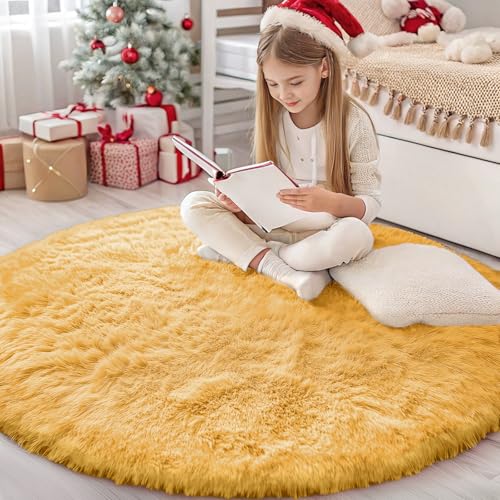Mustard Yellow Round Rugs for Bedroom (4 Ft Round / Mustard Yellow)