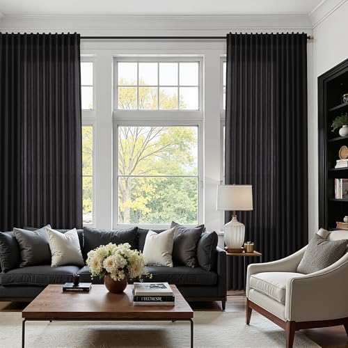 Vintage Black Linen Curtains 63 Inch Length for Living Room Light Filtering Semi Sheer Curtain Back Tab and Rod Pocket Privacy Luxury Gothic Vintage Decor Drapes for Bedroom Office 52x63 (52"W x 63"L (Pack of 2) / Vintage Black)